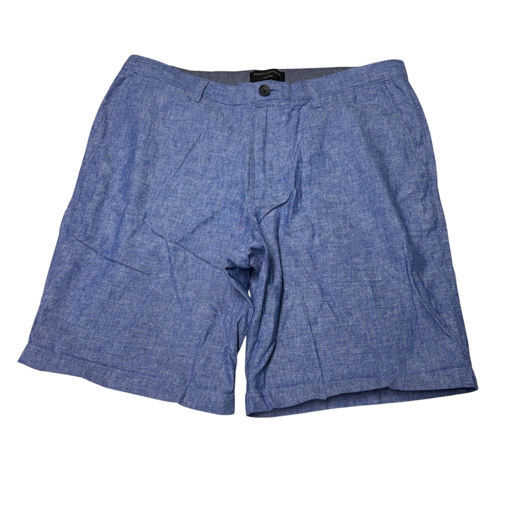Banana Republic Aiden Shorts Mens 34X9 Blue Linen Cotton Blend Slim Fit